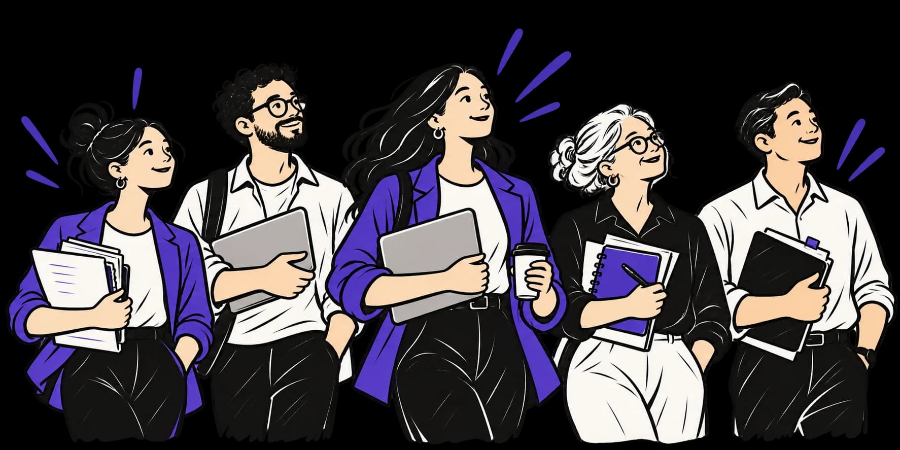 A diverse group of bookkeepers of different ages sharing ideas and carrying ledgers, notebooks and tablets.